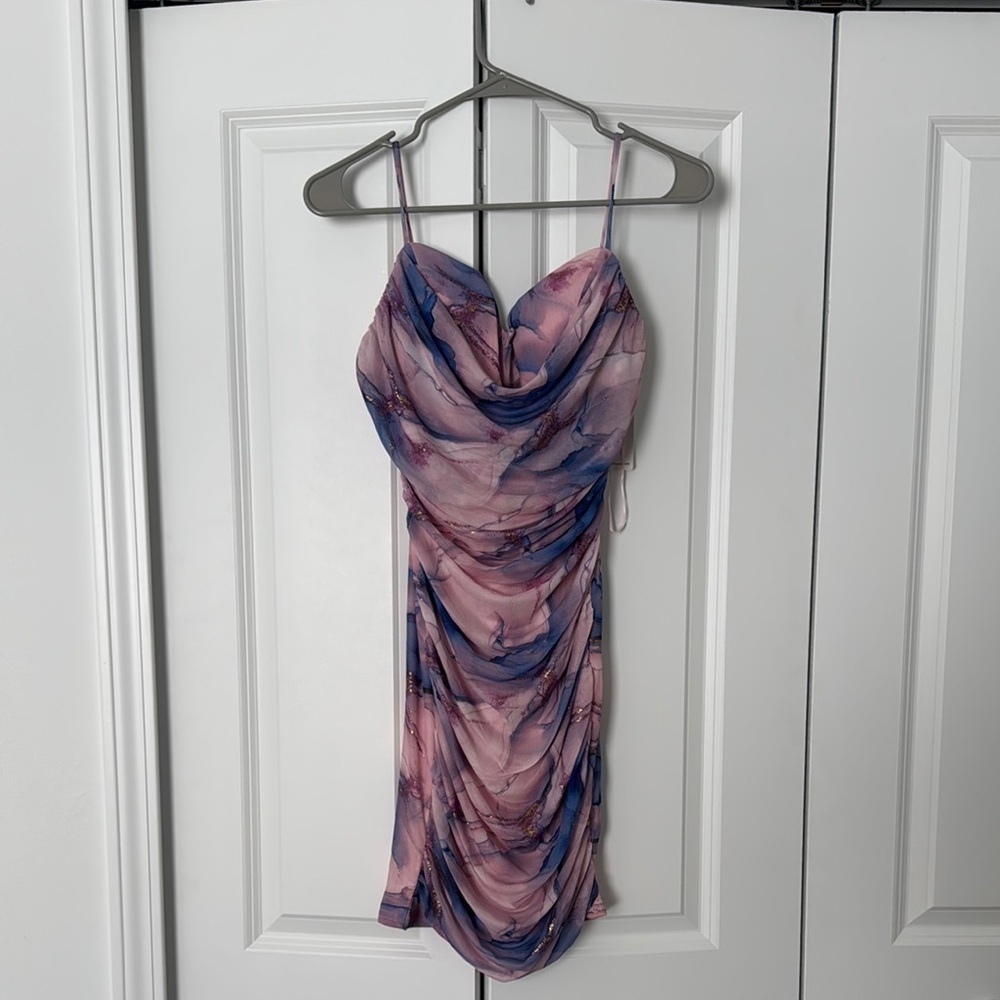 Elegant Pink and Blue Draped Dress